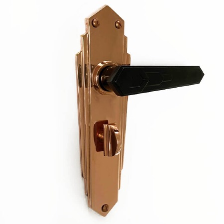 Bakelite Savoy Door Handles Black on Empire Bathroom Plates Copper