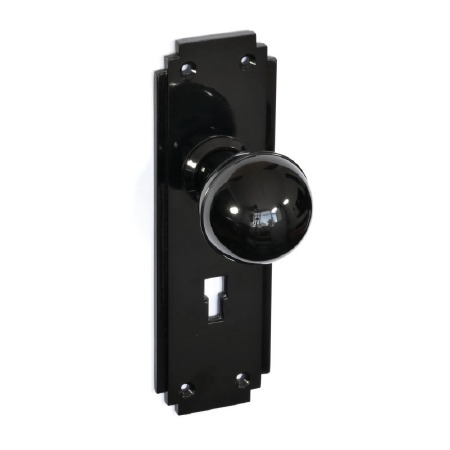 Bakelite Ball Door Knobs on Deco Lockplates Black
