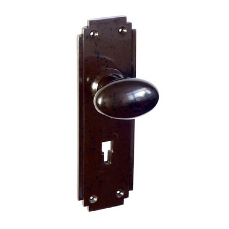 Bakelite Smooth Oval Door Knobs on Deco Lockplates Walnut