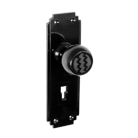 Bakelite Ritz Door Knobs on Deco Lockplates Black