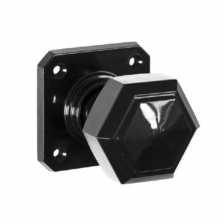 Bakelite Hexagonal Door Knobs on Square Rose Black
