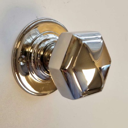 Bakelite Hexagonal Door Knobs Polished Nickel on Nickel Rose