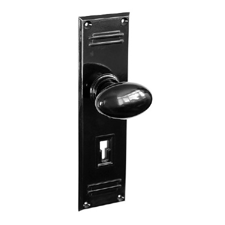 Bakelite Smooth Oval Door Knobs on Gatsby Lockplates Black