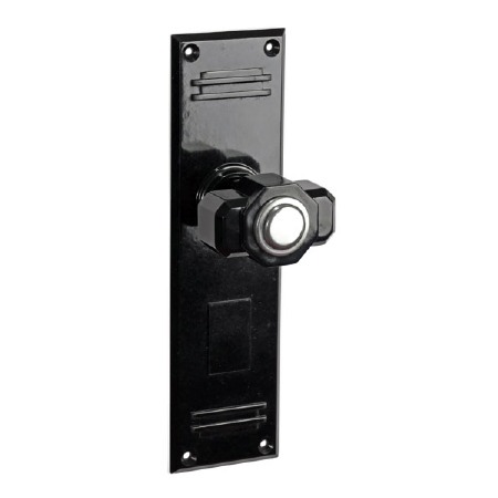 Bakelite Deco Tee Door Knobs on Gatsby Latchplates Black