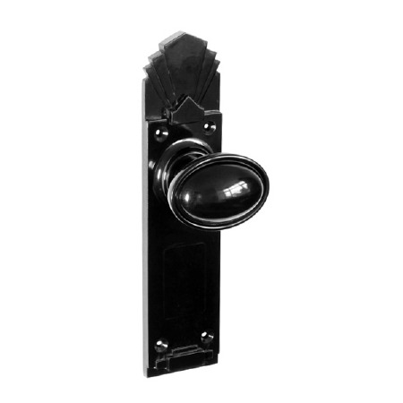 Bakelite Stepped Oval Door Knobs on Palais Latchplates Black
