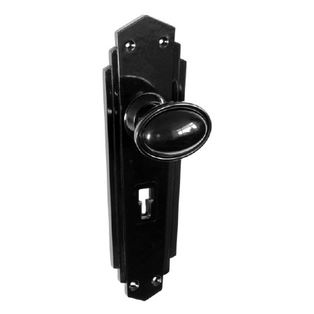 Bakelite Stepped Oval Door Knobs on Empire Lockplates Black