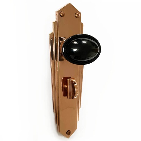 Bakelite Stepped Oval Door Knobs Black on Empire Bathroom Plates Copper