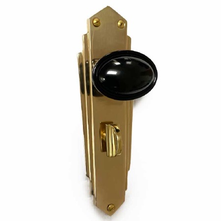 Bakelite Stepped Oval Door Knobs Black on Empire Bathroom Plates Brass