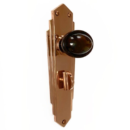 Bakelite Stepped Oval Door Knobs Walnut on Empire Bathroom Plates Copper