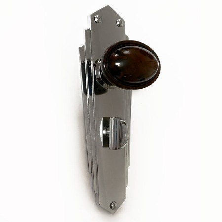 Bakelite Stepped Oval Door Knobs Walnut on Empire Bathroom Plates Chrome