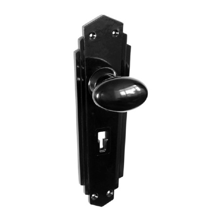 Bakelite Smooth Oval Door Knobs on Empire Lockplates Black