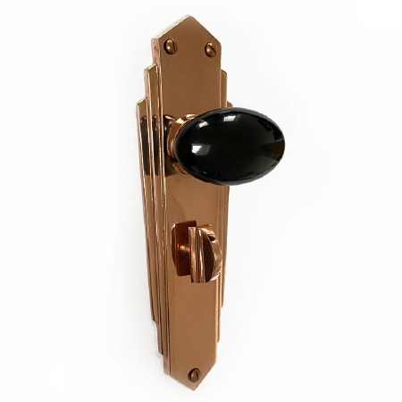 Bakelite Smooth Oval Door Knobs Black on Empire Bathroom Plates Copper