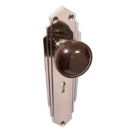 Bakelite Round Door Knobs Walnut on Empire Lockplates Chrome