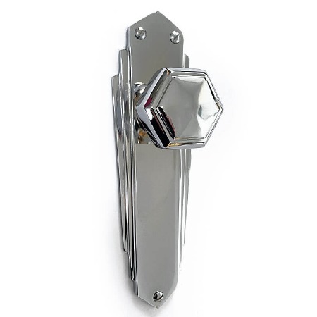 Hexagonal Art Deco Mortice Knobs on Latch Plate Polished Chrome