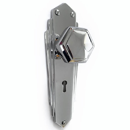 Hexagonal Art Deco Mortice Knobs on Lock Plate Polished Chrome