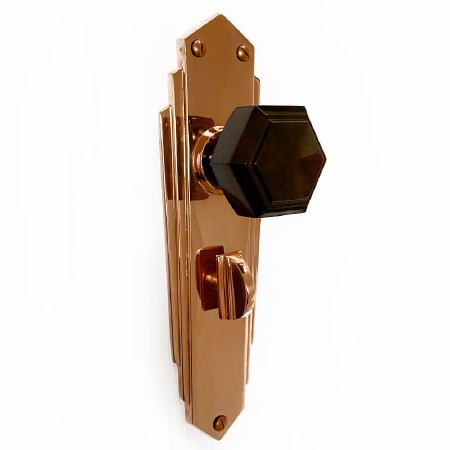Bakelite Hexagonal Door Knobs Walnut on Empire Bathroom Plates Copper