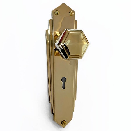 Hexagonal Art Deco Mortice Knobs on Lock Plate Polished Brass Unlacquered