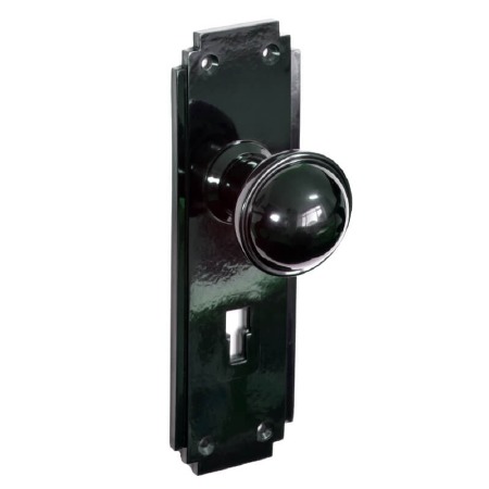 Bakelite Stepped Round Door Knobs on Deco Lockplates Black