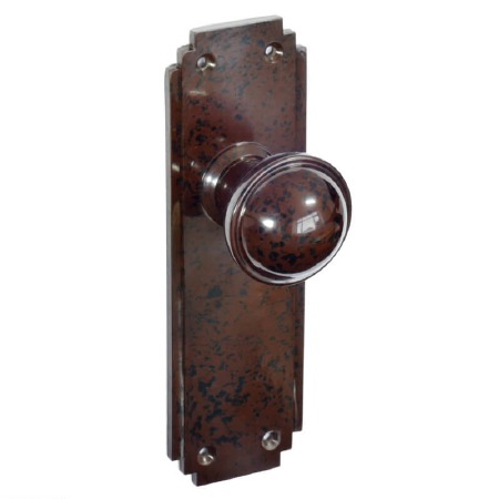 Bakelite Stepped Round Door Knobs on Deco Latchplates Walnut