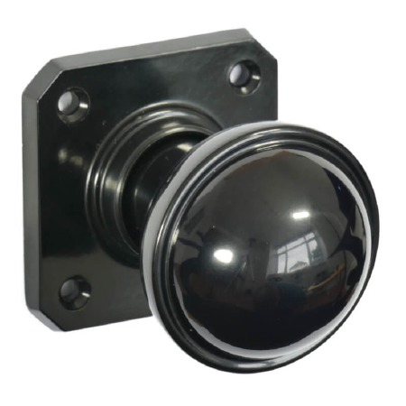 Bakelite Stepped Round Door Knobs on Square Rose Black