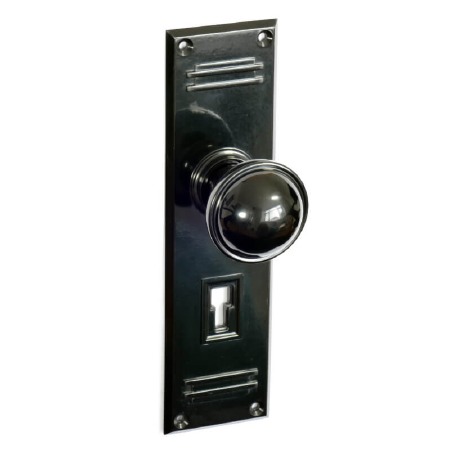 Bakelite Stepped Round Door Knobs on Gatsby Lockplates Black