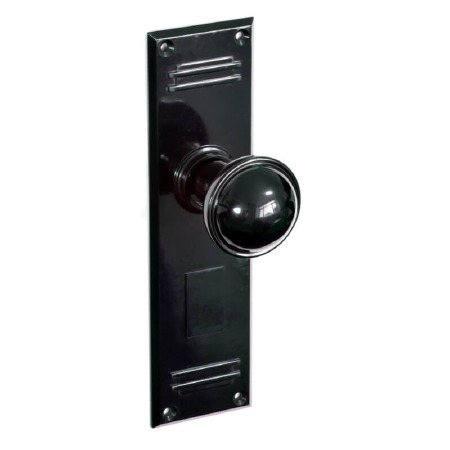 Bakelite Stepped Round Door Knobs on Gatsby Latchplates Black