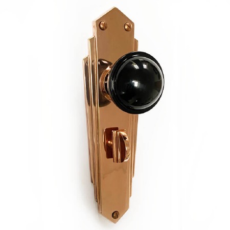 Bakelite Stepped Round Door Knobs Black on Empire Bathroom Plates Copper