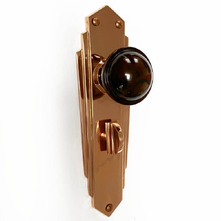 Bakelite Stepped Round Door Knobs Walnut on Empire Bathroom Plates Copper