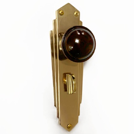 Bakelite Stepped Round Door Knobs Walnut on Empire Bathroom Plates Brass