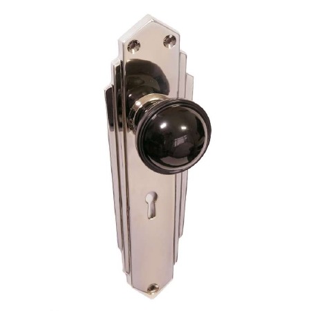 Bakelite Stepped Round Door Knobs Black on Empire Lockplates Chrome