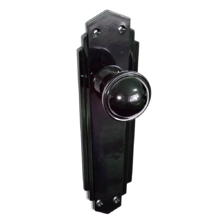 Bakelite Stepped Round Door Knobs on Empire Latchplates Black