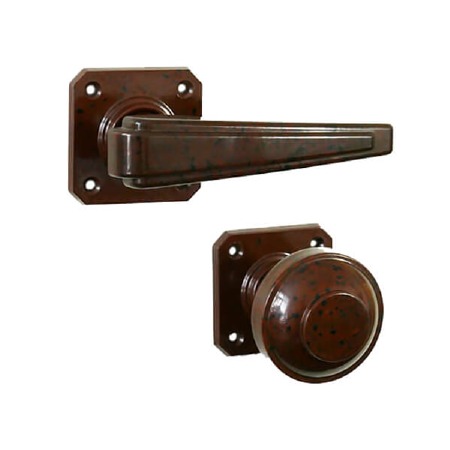 Bakelite Plaza Door Handle & Round Knob Set on Square Roses Walnut