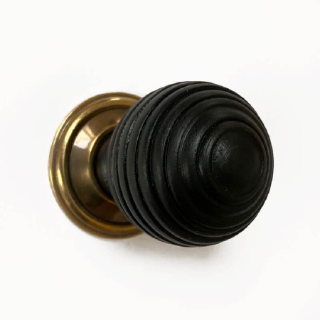 Beehive Cupboard Knob 38mm Ebonized Wood Renovated Brass Rose