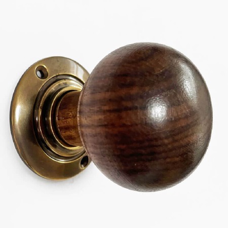 Natural Wooden Bun Door Knobs Renovated Brass Rose