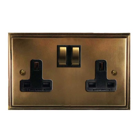 Edwardian Switched Socket 2 Gang Hand Aged Brass
