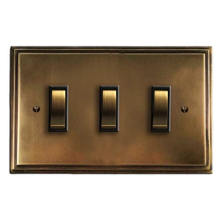 Edwardian Rocker Light Switch 3 Gang Hand Aged Brass
