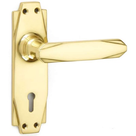 Art Deco Door Lock Handles Polished Brass Unlacquered