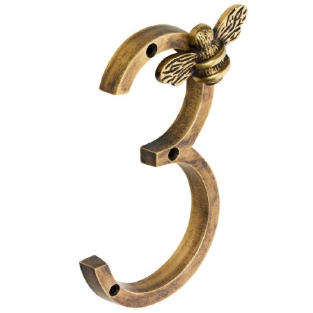 Bee Numeral 3 Antique Brass