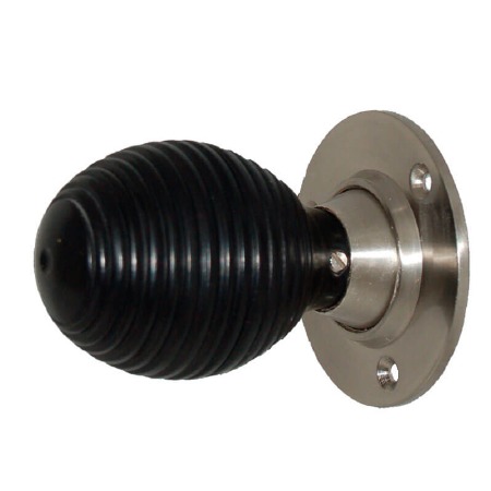 Beehive Black Door Knobs with Plain Satin Nickel Rose