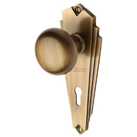 Heritage Broadway BR1800 Art Deco Door Knobs Lever Lock Antique Brass Lacq
