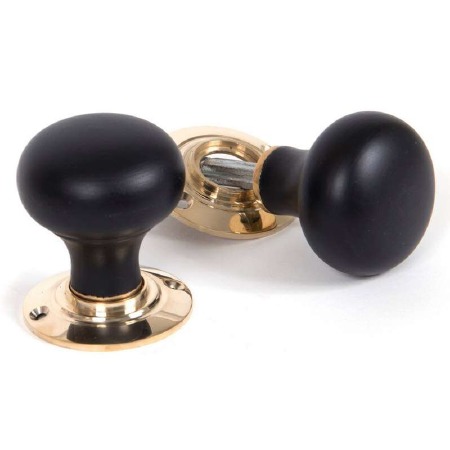 From The Anvil Ebonized Wood Bun Mortice or Rim Door Knobs Brass