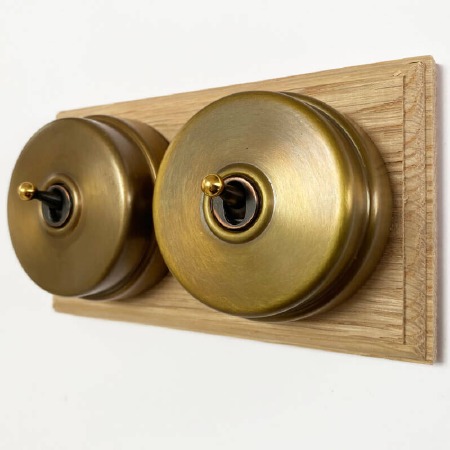 Citadel Dolly Switch on Wooden Base 2 Gang Antique Satin Brass