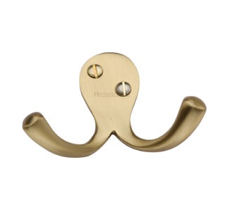 Heritage Double Robe Hook V1060 Satin Brass - Broughtons Lighting