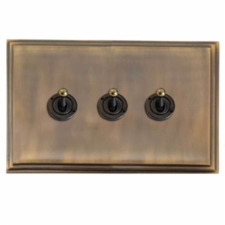 Edwardian Dolly Switch 3 Gang Antique Brass Lacquered