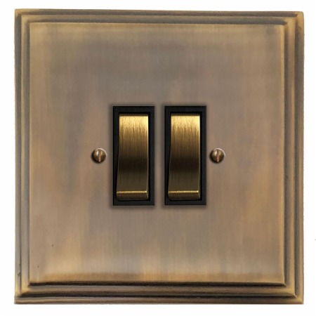 Edwardian Rocker Light Switch 2 Gang Antique Brass Lacquered