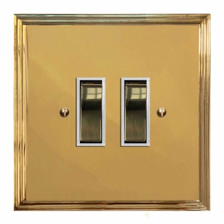 Edwardian Rocker Light Switch 2 Gang Polished Brass Lacquered & White Trim