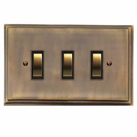 Edwardian Rocker Light Switch 3 Gang Antique Brass Lacquered