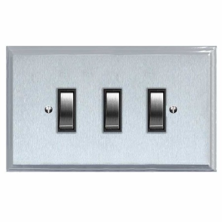 Edwardian Rocker Light Switch 3 Gang Satin Chrome & Black Trim