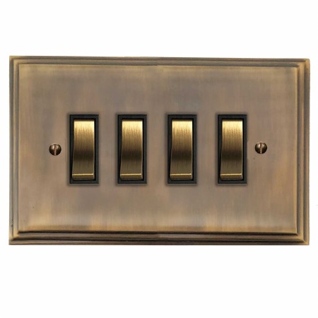 Edwardian Rocker Light Switch 4 Gang Antique Brass Lacquered