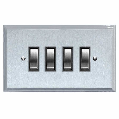 Edwardian Rocker Light Switch 4 Gang Satin Chrome & Black Trim